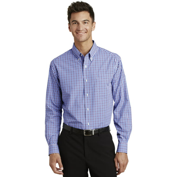 X-Large Port Authority Mens Plaid Pattern Button-Down Shirt Charcoal 